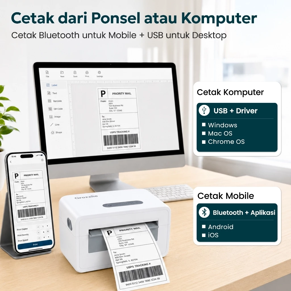 Printer Thermal Label & Resi | USB + Bluetooth - gambar produk 4